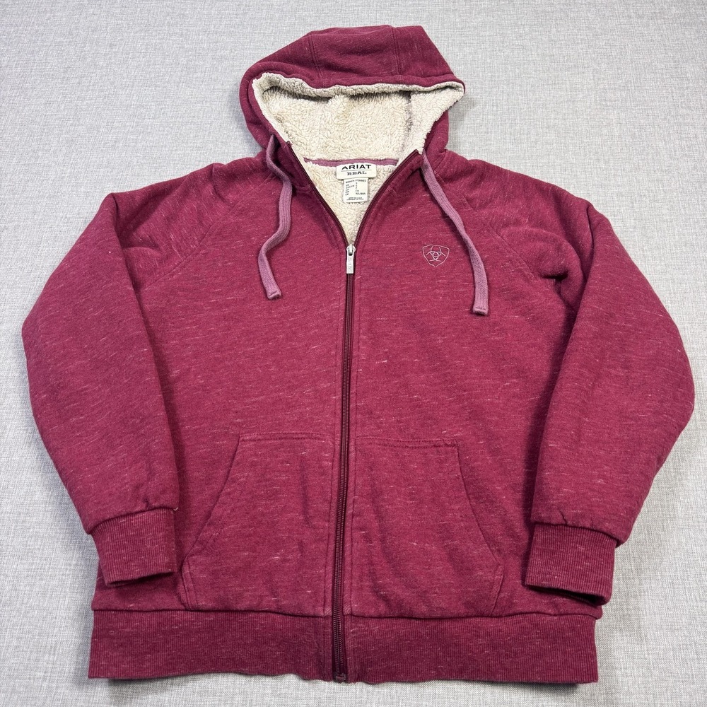 Ariat REAL Hoodie Women Small Red Full Zip Lined Sherpa Faux Fur Kangaroo Pocket - Picture 3 of 10